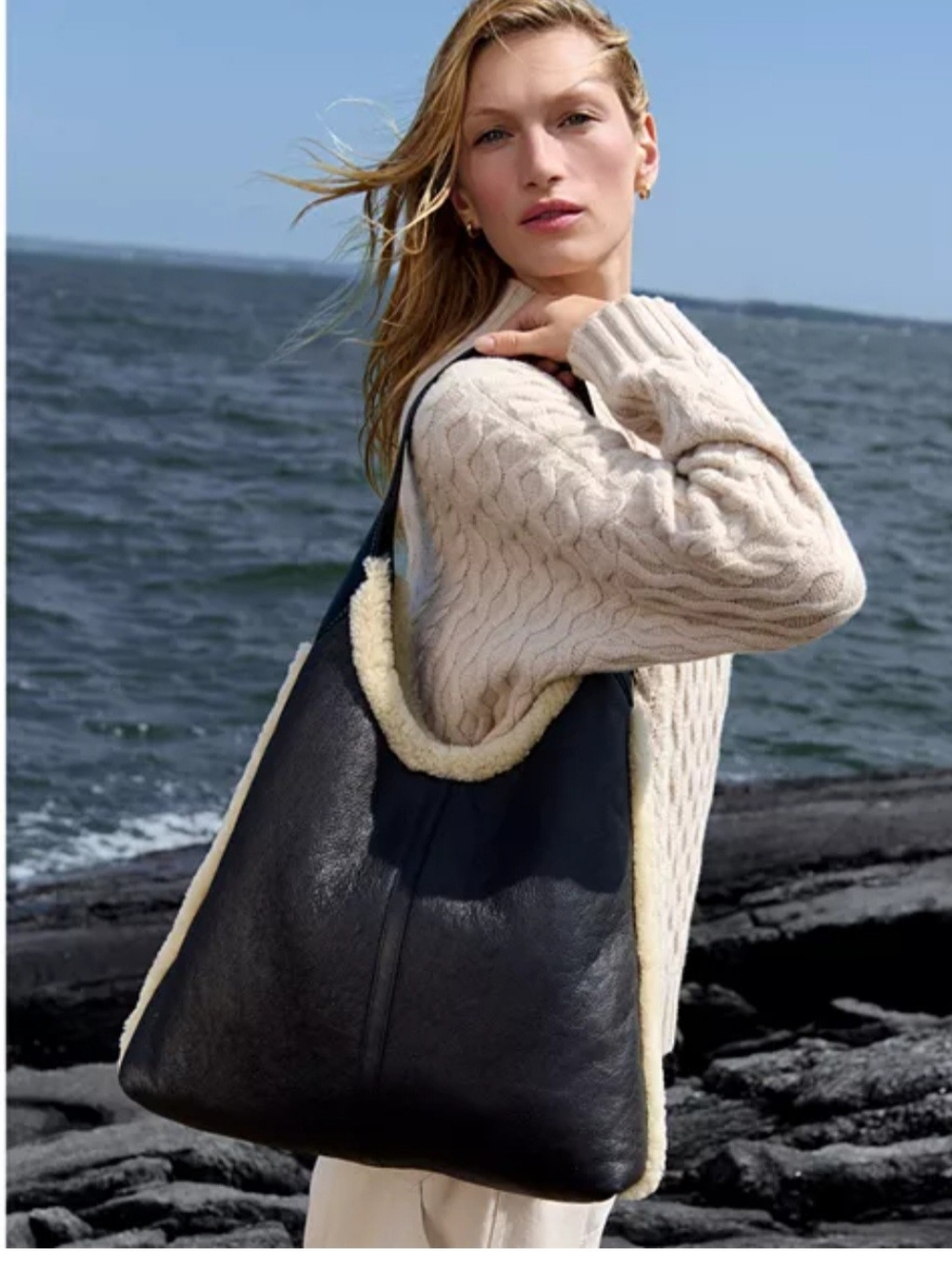 Coach Black Leather Tote with Cream Shearling Trim